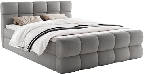 FurniDe24 Boxspringbett Leo mit 2 Bettkästen, Grau, Bouclé, 140x200 cm | Doppelbett mit Taschenfederkernmatratze H3, 3 cm Topper, gepolstertem Kopf- und Fußteil und verstärktem Rahmen