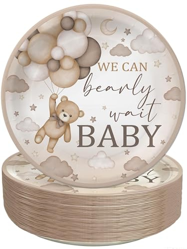Yuzioey 50PCS Brown Bear Baby Shower Plates, 7 We Can Bearly Wait Baby Disposable Paper Plates, Bear Baby Shower Decorative Tableware Dessert Plates