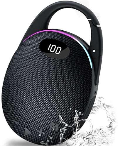 Tragbare Bluetooth Lautsprecher mit Licht,LED Anzeige, Integrierter Karabiner, Pro Sound Musikbox, Kraftvoller Bass,25 Std Akku, RGB Lichter, TWS Kopplung, AUX, TF Karte, Geeignet Outdoor/Party/Reisen
