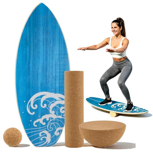 Surf Balance Board Trainer, Balanceboards Holz für Erwachsene Surf Core-Training, Fitness, Indoor Surfboard und Gleichgewichtsboard mit RolleHalbkugel und Balance Ball für Kinder Erwachsene