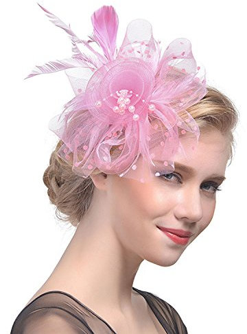 Ylucky Women Ladies Dot Mesh Feather Headband Fascinator with Yarn Beads Elegant Curlicue Feather Headwear Hat Bridal Wedding Cocktail Tea Party Derby Headwear Races Hats Hair Accessory Pink