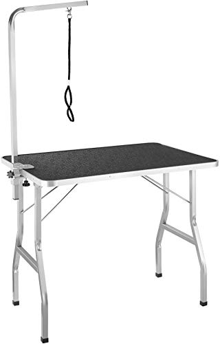 tectake® Haustier Trimmtisch, Frisiertisch Hund und Katze, Pflegetisch, Hundefriseur Zubehör, Dog Grooming, mit Galgen, Groomer Tisch klappbar, Schertisch Hund gummiert und Kratzfest - schwarz/grau