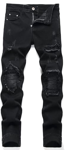 OIIIO Men's Patch Ripped Stretch Regular Fit Jean (38, Black-6601)