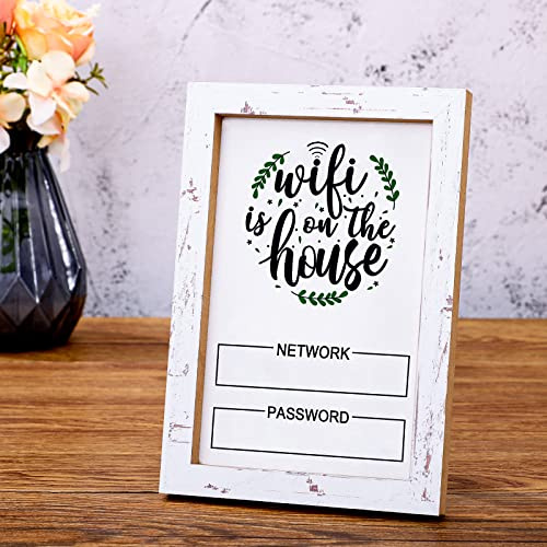 Kathfly Letrero de contraseña con patrón de wifi rústico para el hogar, tablero WiFi blanco, bonito marco de madera desgastado con superficie para escribir, letrero de red de madera para invitados