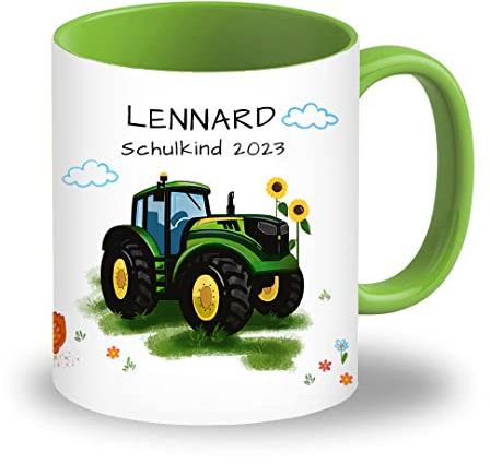 LOOXIS Mug personnalisée pour enfants avec nom, texte et motif - 325ml, céramique, différentes couleurs - Idée cadeau garçon, fille, rentrée scolaire, maternelle - Vert, Tracteur