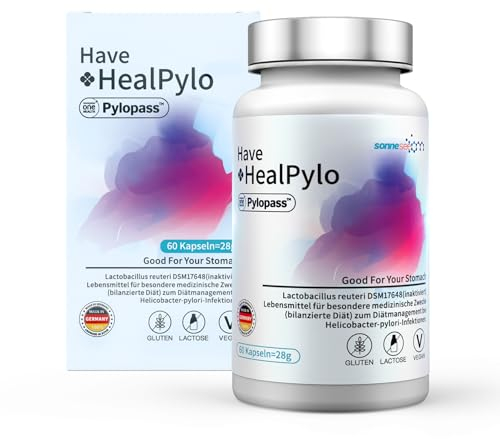Pylopass gegen Helicobacter pylori 1200 Mrd. KBE/Dose Lactobacillus Probiotic HealPylo®400mg pro Tag -60 Kapseln -Bei Sodbrennen, Säurereflux, Magenbeschwerden verursacht durch -Made in Germany