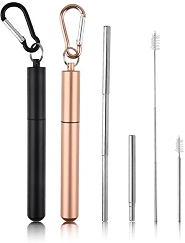 DODUOS 2er-Set Edelstahl Strohhalme Wiederverwendbar, Trinkhalme Edelstahl Tragbares Edelstahl Strohhalme Set, Tragbare Teleskop Metall Strohhalme mit Korkenzieherfunktion mit Reinigungsbürste