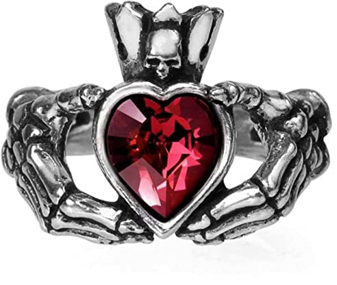Ro Rox Alchemy England Claddagh by Night Ring Irish Blood Red Heart Skull Crown Gothic, Silber, Q