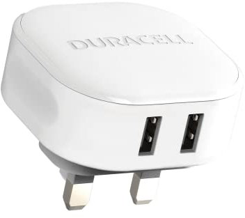 Duracell White 24W Dual Fast USB-A 2 x 2.4A Compact Wall Charger Plug - Compatible With Smartphones, Tablets, Powerbanks & More - Flush To Wall Ergonomic Design & Fit