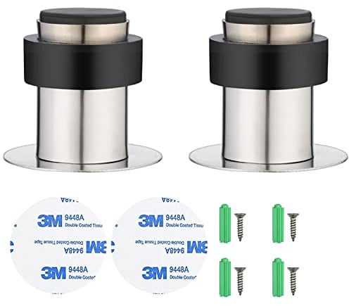 Lxoraziy Pack of 2 Floor Mounted Heavy Duty Doorstop, Stainless Steel and Rubber, Wall Mounted, Self-Adhesive, Silver