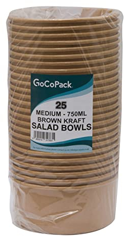 Kraft Salad Bowls: Pack of 25 Brown-Kraft Paper Salad Bowls - Perfect for Hot Food and for Salads - Available in A Range of Sizes and with Option to Buy Lids (Bowl - Medium - 750ml)
