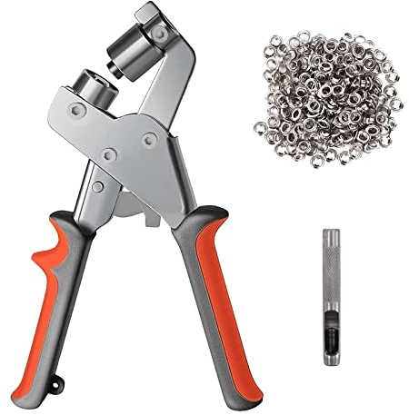 Occhiellatrice per Teloni,Occhiello Strumento Kit con 100 Pezzi (ø Interno 10mm) Occhielli Metallo,Occhiellatrice Manuale per Pelle,Telone,Cartone,Pvc,Tessuto