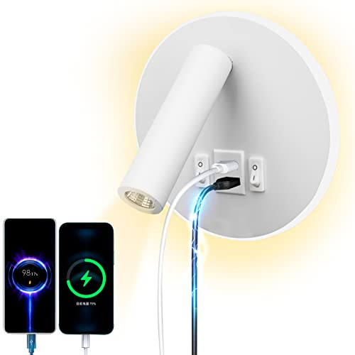uksunvi LED Leselampe Wandlampe USB Type-C-Zwei AufladungMund Schalter Verstellbarer 12W LED Strahler 3000K Wandleselampe Aluminium Bettlampe Drehbar (Rund weiß)