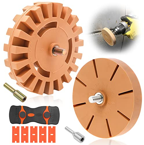 xianzhanEU 2 Stücke 10 cm Folienradierer mit Bohradapter, Radierscheibe Radierer mit 1 Kunststoff Schaber zum Professionellen Entfernen von Aufklebern, Folien und Kleberesten