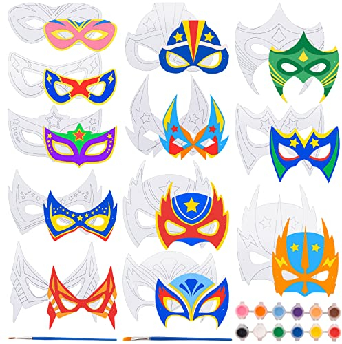 yumcute 28 Stück Superhelden Masken, Masken Zum Ausmalen Kinder, Basteln Kindergeburtstag, Party Cosplay DIY Papier Super Masken Kinder Mitgebsel, für Geburtstag Party Geschenk, Pigmente und Pinsel