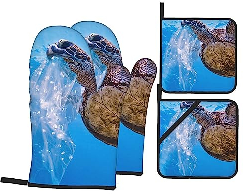 Lot de 4 maniques et maniques en plastique imprimé tortue de mer et maniques avec surface antidérapante résistante à la chaleur pour la cuisson, la cuisson et les grillades