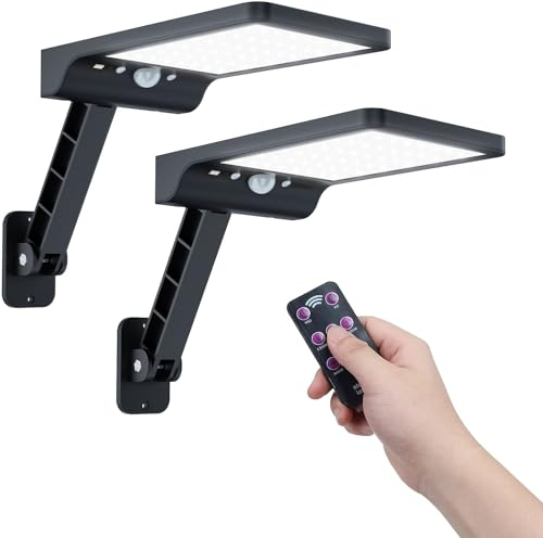 Moman Foco Solar Exterior, Farolas LED Con Sensor de Movimiento 3 Modos IP65 Impermeable 2 Piezas Con Mando a Distancia 2200mAh Para Jardín Garaje
