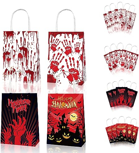 12 x Halloween Papiertüten mit Griff, Trick or Treat Taschen, Goodie, Snacks, Kekse, Süßigkeiten Taschen Beutel für Halloween Party, Party Gunst Zubehör für Süßigkeiten, Kekse 21x8x16 cm (4 Muster)