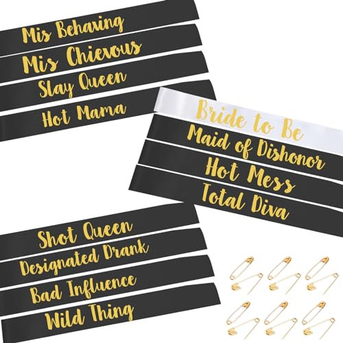 STAY GENT Hen do Sash 12Pack Team Bride Sash Set 1 White Bride to Be Sash & 11 Black Bridesmaid Sashes Hen Party Sashes for Hen Party Accessories Team Bridal Hen Night Shower Bachelorette Decorations