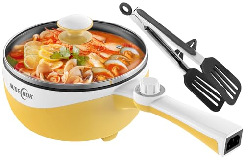 Audecook Hot Pot Electric,Mini Electric Skillet Portable Nonstick Sauté Pan with Power Adjustment, Rapid Ramen Cooker Travel Multicooker Electric Pot for Steak/Soup (F(Yellow/1.7L Without Steamer))