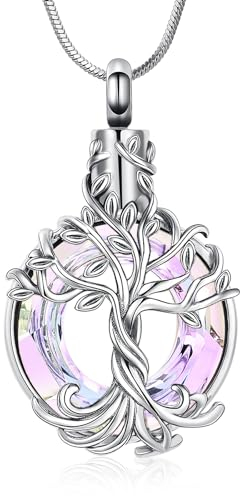 Minicremation Urnen-Schmuck für Asche, Halskette mit Lebensbaum, Andenken, Schmuck, Anhänger, Halsketten mit Trichterfüller, Geschenke für Damen und Herren, Edelstahl, Zirkon Diamant Bernstein