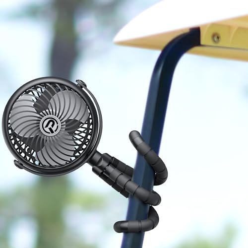 GRANDFAST Ventilatore ricaricabile per golf cart – Ventola a clip da 12,7 cm con treppiede flessibile, girevole a 360°, 20 ore di lavoro, ventola a batteria a 3 velocità per golf cart push cart bici