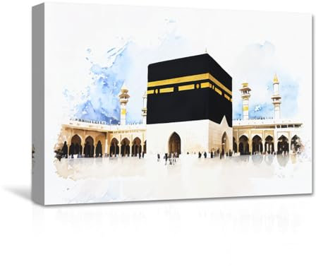 CXHOSTENT Mekka Leinwand Wandbilder Mekka Moschee Kaaba Aquarell Kunstdrucke islamisches Bild muslimische Wanddekoration für Zuhause Rahmen (A, 30.00 x 45.00 cms)