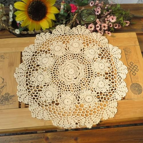 HpLive Chic Vintage-Tischdecke aus Baumwolle, gehäkelt, klein, rund, Spitze, 50,8 cm, Beige