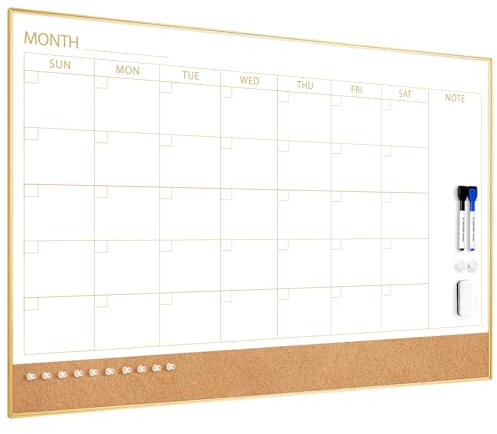 ARCOBIS Whiteboard-Kalender & Korkboard-Kombination, 90 x 60 cm, Magnetisches Whiteboard mit Kalender, Goldener Rahmen, Monatsplaner für Büro, Zuhause, Schule