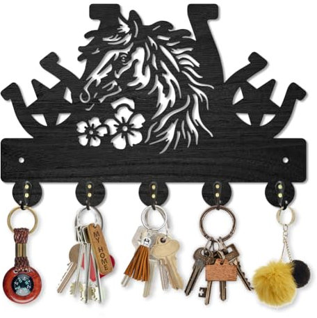 MAYJOYDIY Porte-manteau mural en forme de fer à cheval avec crochets muraux en bois occidental pour clés - 30 x 20 cm - Noir - Style rustique - Décoration murale - 5 crochets en alliage - Pour cadeau,