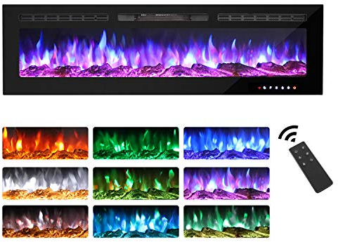 M.C.Haus Chimenea Eléctrica Pantalla Táctil Panel de Vidrio Colorido Inserto de Llama Calentador Montado en la Pared con Cristal y Conjunto de Registro, 900/1800 W (152.4 cm)