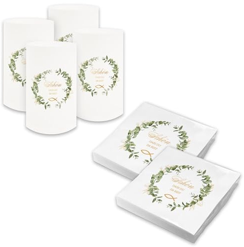 itenga Tischdeko Set - Servietten Schön dass du da bist 30 x 30cm 3-lagig 40 Stück und 6 Windlichter für Kommunion Konfirmation Hochzeit Taufe und andere Feiern (Eukalyptus Kranz - weiss)