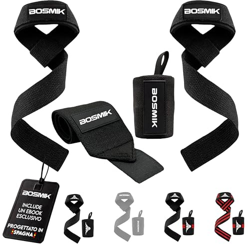 Bosmik Zughilfen Krafttraining und Handgelenk Bandagen - Gepolsterte Lifting Straps Gym & Wrist Wrap Equipment für Fitness Bodybuilding Kreuzheben Crossfit - Gym Zubehör Männer Frauen (Schwarz)