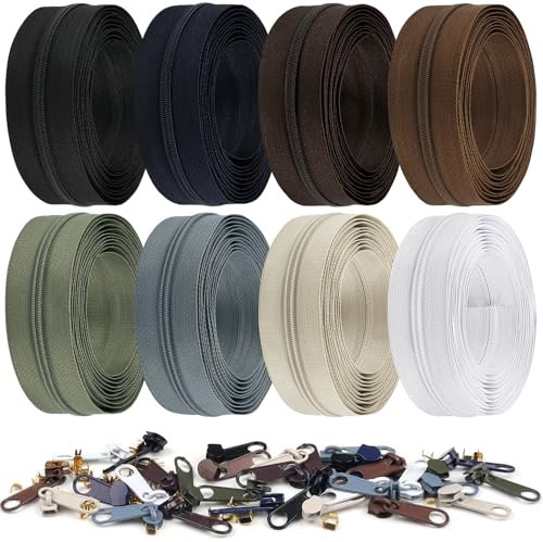 DOITEM 2,8 mm Reißverschlüsse 22,4 m Nylon-Endlos-Reißverschluss-Set mit Schieber und Reißverschluss zum Nähen und Basteln – 8 Farben