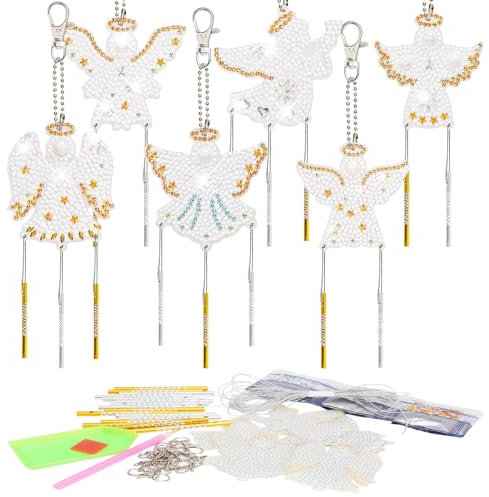 WEDNOK 6 Set Schutzengel Diamond Painting Windspiele Engel Bastelset Anhänger Glücksbringer Weihnachtsdeko Glücksengel zum Basteln für Kinder Weihnachten Weihnachtsbaum Fenster