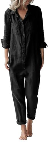 Generico Salopette Donna 𝐄stiva Jeans Tuta da Donna in Cotone e Lino, Casual, con Risvolto Ampio, Maniche Lunghe, Bottoni e Tuta Donna Elegante 𝐂urvy (Black, XL)