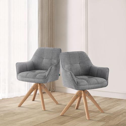 DUBI Möbel® Premium Esszimmerstühle Thomas-LINA 2er-Set – drehbar mit Federkernpolsterung, Armlehnen, Massivholzbeinen Eiche, Webstoff Grau, ergonomisch & modern für Esszimmer und Gastronomie