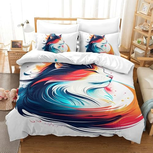 GZCVBDYUY Kat 3D Gedruckt Bettwaren 3 Teilig Bettbezug-Sets Mit Kissenbezug Soft Microfaser Luxus Modern Mit Reißverschluss Für Erwachsene Und Kinder Single(140x200cm)