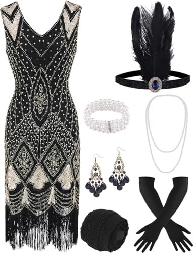 ELFIN Flapper Damen Pailletten Fransen Kleid - Cocktail 20er Party V-Ausschnitt Vintage 1920er Kostüm - Accessoires Set Mafia Fasching Karneval Motto, L, BL-G