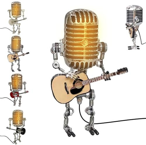 Emottle Mic Robot, Vintage Microphone Guitar Robot Lamp, Music Gifts for Men, Cool Gifts for Music Lovers, Vintage Light Home Decor Nightstand Desk Lamp for Bedroom, Music Studio(Yellow)
