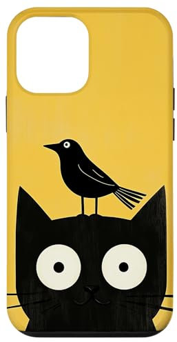 Schwarze Katze mit Vogel auf Kopf, gelber Hintergrund Hülle für iPhone 12 mini
