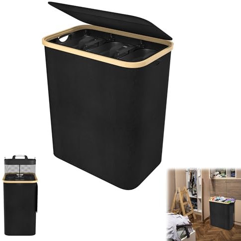 Suusolny Schwarz Wäschekorb 140L mit Deckel 3 Abschnitt - Herausnehmbarer Net Wäschesortierer Wäschetruhe Wäschesack Waschekorbsammler Wäschetonne Wäschebox Griffen für Handtücher Kleidung Spielzeug