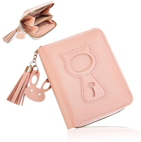 Portefeuille ado Fille, Mignon Chat Rose Petit Portefeuille Portefeuille en Simili Cuir Souple avec Franges zippées avec Poche Monnaie