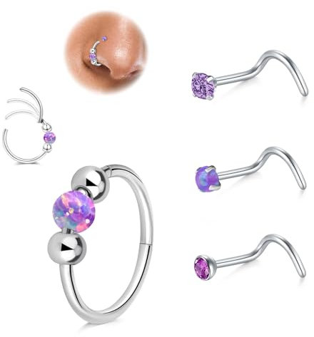 LAURITAMI 4 Pezzi Piercing Naso 18G 20G Set, Hinged Clicker Segment Piercing Naso Cerchio Argento 10mm, Acciaio Chirurgico Spirale Viola Opale CZ Anelli Naso Stud 7mm