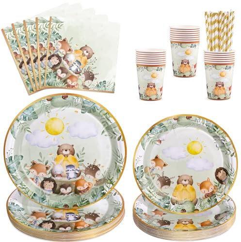 100 Stück Dschungel Deko Geburtstag, Dschungel Safari Partygeschirr für 20 Gäste, Dschungel Safari Partyteller Kindergeburtstag Set Gehören Partyteller, Servietten, Pappbecher, Papierstrohhalme