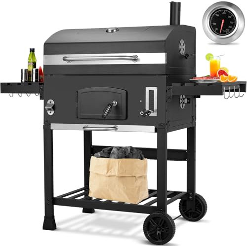Barbecue Carbonella XXL, Barbecue a Carbonella con Camino e Coperchio, Griglia per Barbecue con Ruote e Termometro, Altezza Regolabile, Grande BBQ Smoker per Giardino
