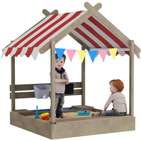 Outsunny Bac à sable avec toit, bac à sable en bois avec siège, maison de jeu, 124 x 116 x 146 cm Bac à sable avec tableau pour enfants de 3 à 7 ans, jardin, gris