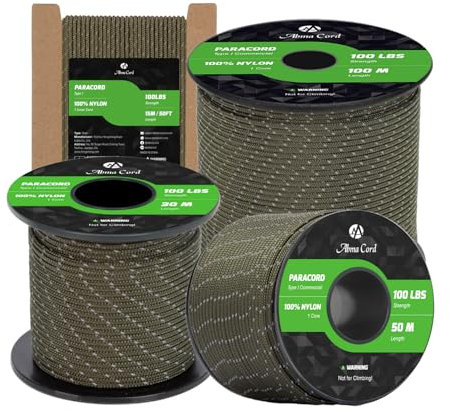 Abma Cord Paracord 2mm 100% Nylon Corda 15m Tipo I Corda da Paracadute a 1 Filo - Max. 45 kg - Riflettente Verde Militare