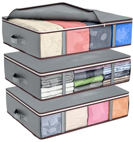 3 Pack 40L Underbed Storage Boxes with Lids | Foldable Clothes Storage Bags with Zips & Handles | Large Fabric Storage Organizer for Bedding, Blankets, Duvets & Clothes – Grey