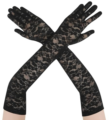Spitzenhandschuhe Schwarz Halloween Handschuhe Lang Spitzen Handschuhe Damen Florale Spitze Party Fingerhandschuhe Ellenbogenlange Armstulpen für Hochzeit Brautparty Teepartys Maskerade